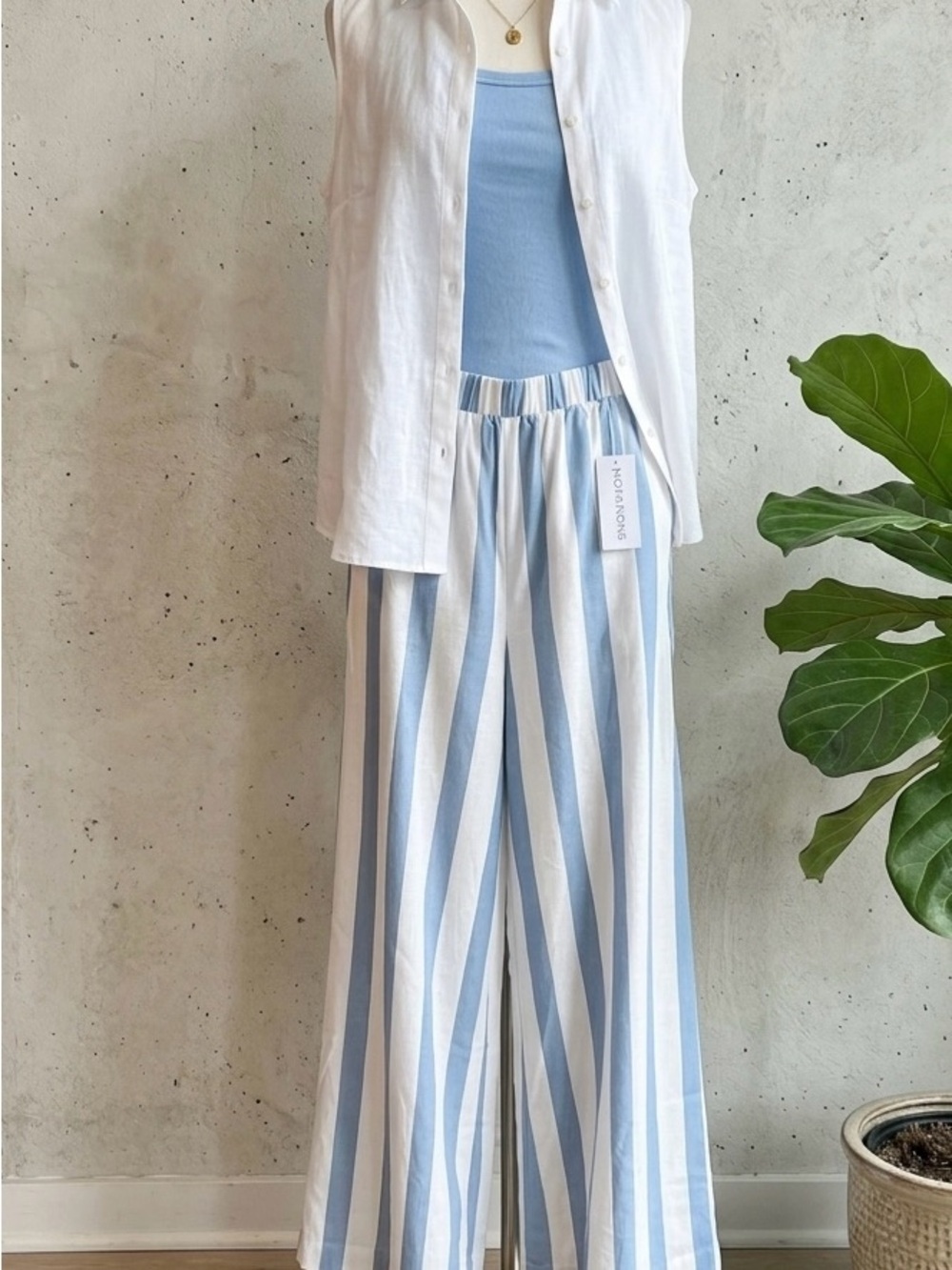Notations Light Blue & White Vertical Stripe Wide-Leg Pants